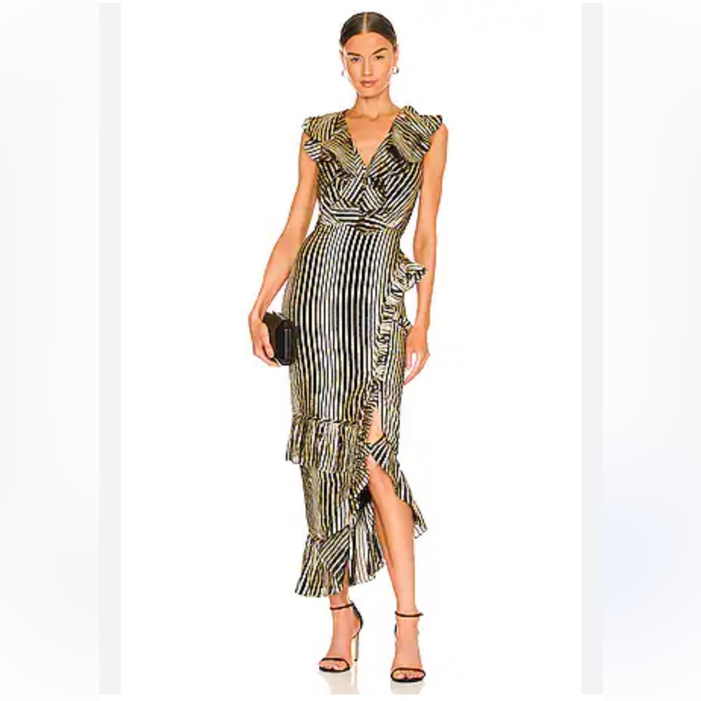 Saloni Anita silk blend Black Gold Ruffled Sleeveless Dress